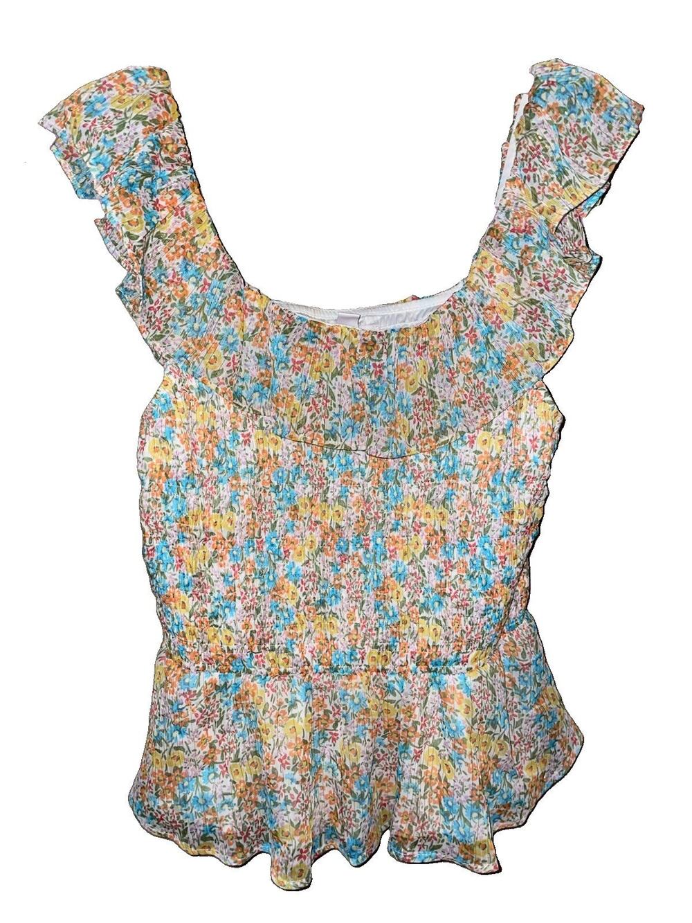 LC Lauren Conrad Multicolor Floral Print Smocked Ruffled Tank Top Sz S Shimmery